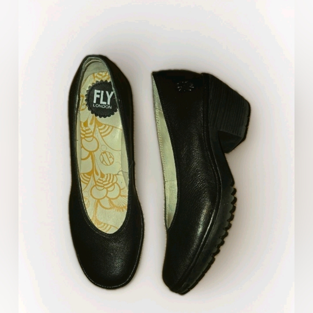 FLY London Black Leather Low Block Heel Pumps